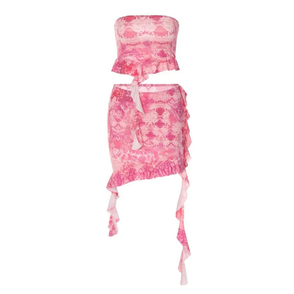 2PCS Pink Irregular Strapless Tube Top + Ruffled Mini Skirt