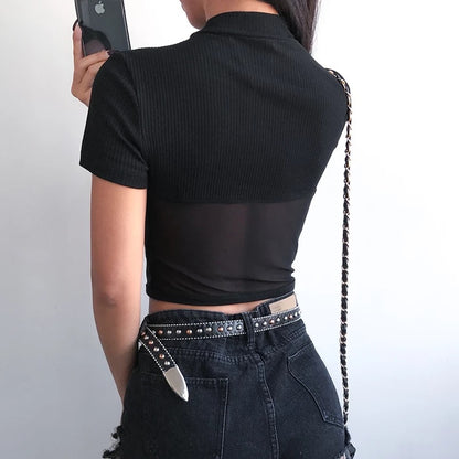Cute Sexy Patchwork Black Mesh Crop Top Short Sleeve Shirt Tee T-shirt E-Girl Kawaii Korean Japanese Harajuku Chinese Retro Streetwear Aesthetic