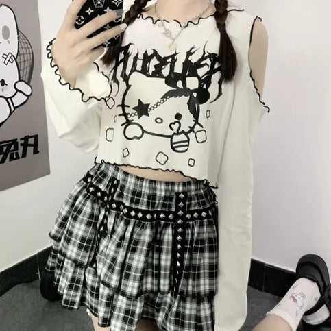 Cat Off Shoulder Frill Long Sleeve Shirt