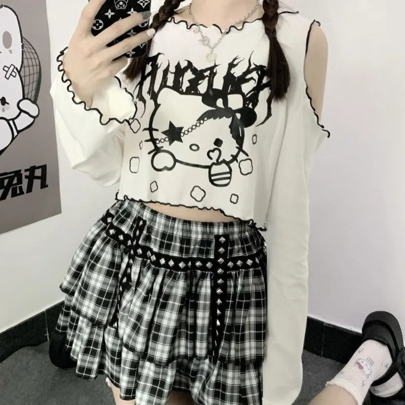 Cat Off Shoulder Frill Long Sleeve Shirt