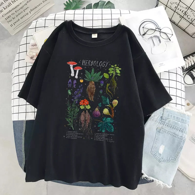 Cute Herbology Plant Mushroom Cartoon Print Loose Oversize Short Sleeve T-shirt Punk Aesthetic Casual Summer E-Girl Kawaii Korean Japanese Harajuku
