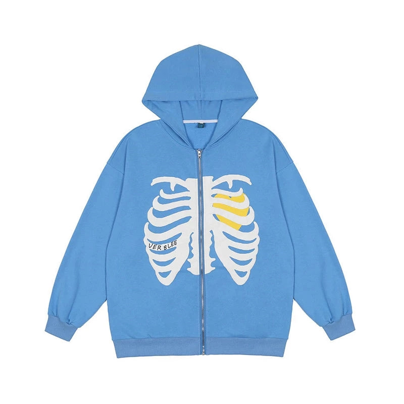 Retro Rib Skeleton Print Long Sleeve Hoodie Jacket Zipper Pullover Casual E-Girl Kawaii Korean Japanese Harajuku Streetwear