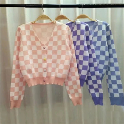 Purple Color Block Heart Button V Neck Sweater