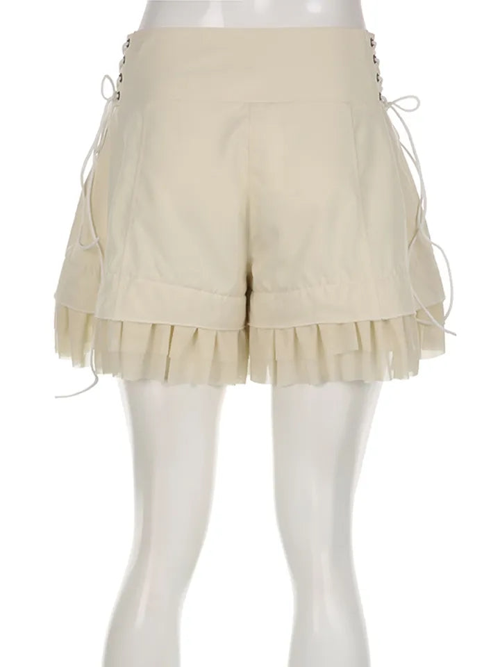 Beige Coquette Patchwork Tie Up High Waist Shorts