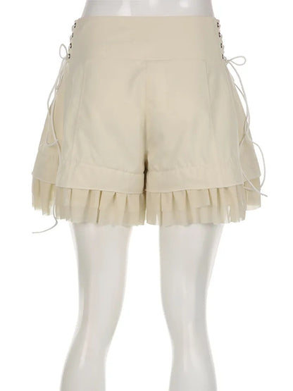 Beige Coquette Patchwork Tie Up High Waist Shorts