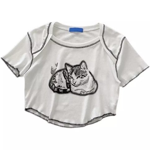 Cat Cartoon Graphic Print Short Sleeve Shirt Crop Top Summer Aesthetic Casual E-Girl Kawaii Korean Japanese Harajuku