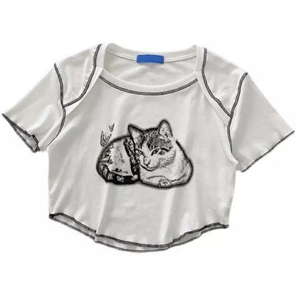 Cat Cartoon Graphic Print Short Sleeve Shirt Crop Top Summer Aesthetic Casual E-Girl Kawaii Korean Japanese Harajuku