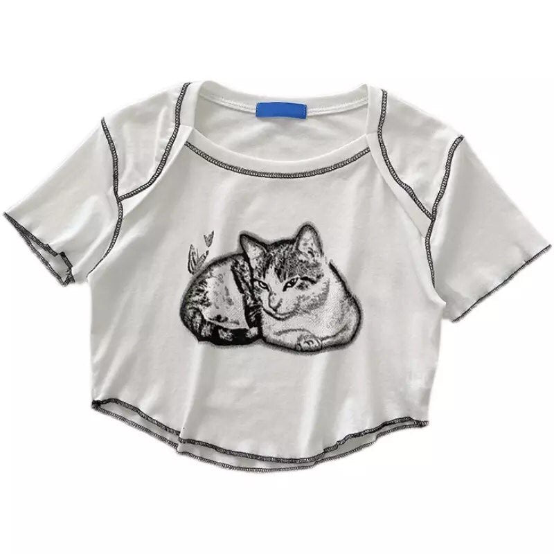 Cat Cartoon Graphic Print Short Sleeve Shirt Crop Top Summer Aesthetic Casual E-Girl Kawaii Korean Japanese Harajuku