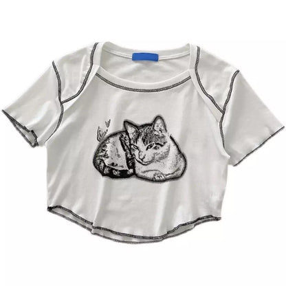 Cat Cartoon Graphic Print Short Sleeve Shirt Crop Top Summer Aesthetic Casual E-Girl Kawaii Korean Japanese Harajuku
