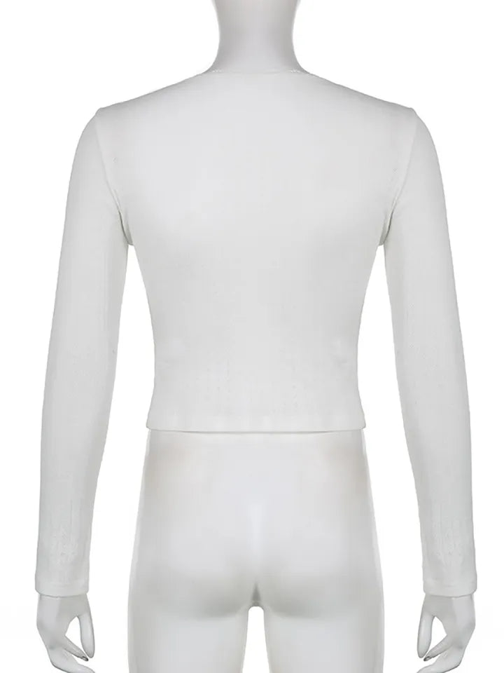 White Ribbed Lace Long Sleeve Shirt