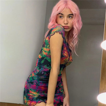 Cute Sexy Tie Dye Butterfly Print Mesh Transparent Short Sleeve Mini Dress Summer Aesthetic Casual E-Girl Kawaii Korean Japanese Harajuku
