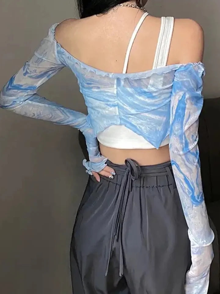 Blue Tie Dye Mesh Crop Top