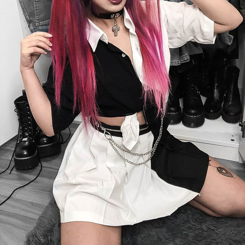 Cute Sexy Black White Patchwork Casual Crop Short Sleeve Shirt Tee T-shirt E-Girl Kawaii Korean Japanese Harajuku Chinese Retro Streetwear Aesthetic