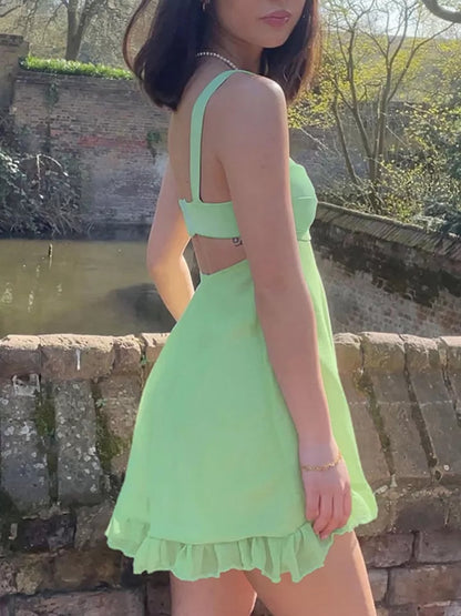 Green Backless Ruffle Dress Aesthetic Casual E-Girl Kawaii Korean Japanese Harajuku