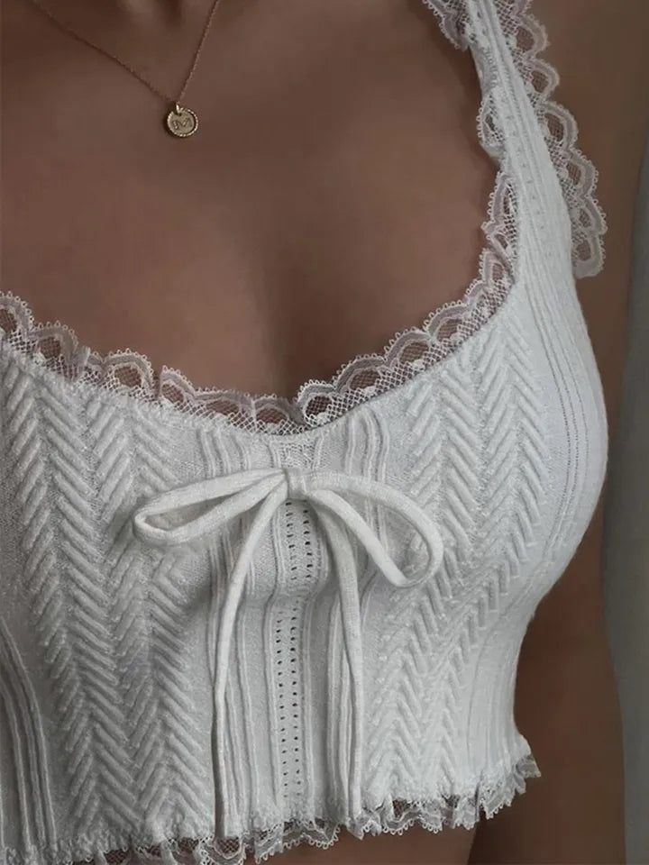 Lace Patchwork Bow Tank Top