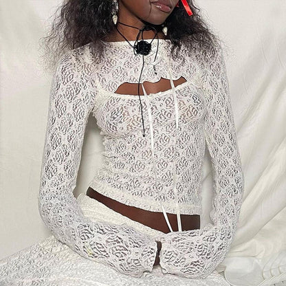 White Mesh Lace Long Sleeve Shirt