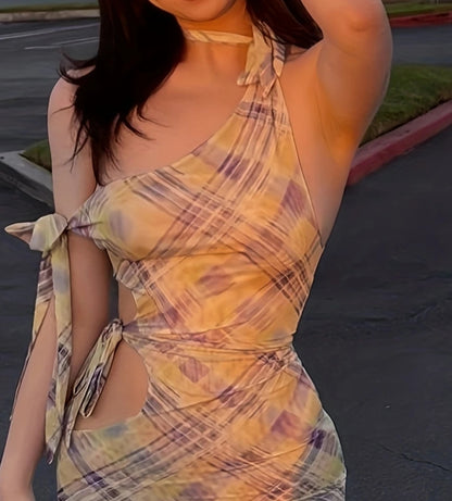 Plaid Halter One Shoulder Mini Dress