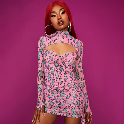 Sexy Pink Fire Flame Print Hollow Cut Out Long Sleeve Mini Dress Ruched Bodycon Club Party Summer E-Girl Kawaii Korean Japanese Harajuku Streetwear