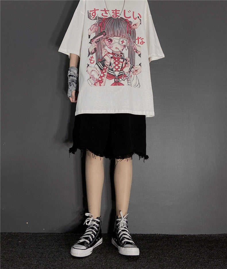 Cute Japanese Girl Punk Goth Print Oversized Short Sleeve Shirt Tee T-shirt E-Girl Kawaii Korean Japanese Harajuku Retro Streetwear Aesthetic