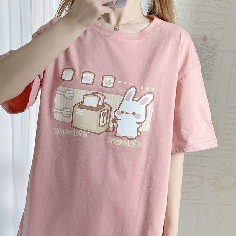 Cute Bunny And Toast Bread Graphic Cartoon Print Loose Short Sleeve T-shirt Aesthetic Casual Summer E-Girl Kawaii Korean Japanese Harajuku