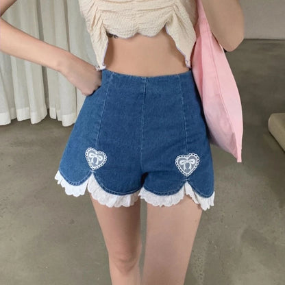 Cute Sweet Heart Lace Cut Out Denim Blue Shorts High Waist Bottoms Vintage Aesthetic Casual Summer E-Girl Kawaii Korean Japanese Harajuku