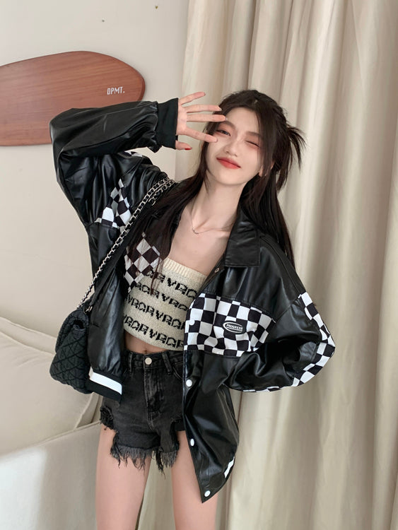 Black PU Leather Checkboard Loose Jacket