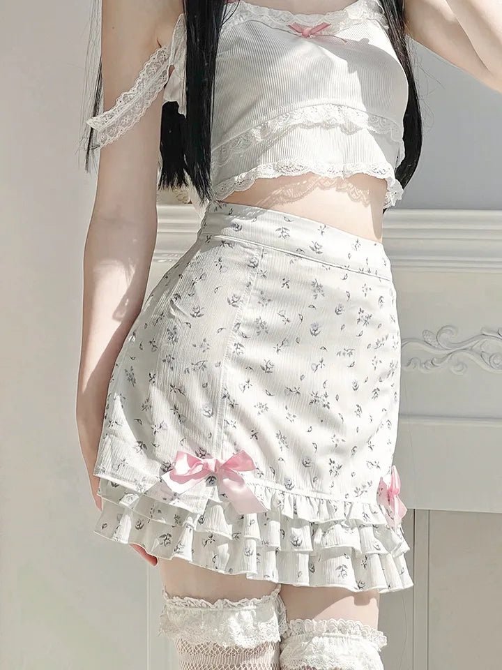 Pink Floral Bow Print Ruffle Mini Skirt
