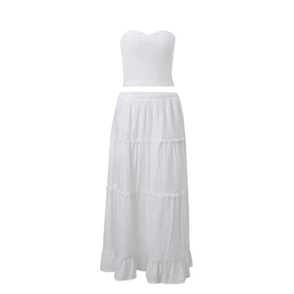 2PCS Strapless Tank Top + Pleated Long Skirt