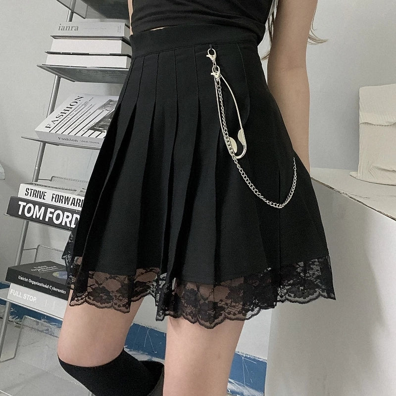 Cute White Black Chain Lace High Waist A-line Pleated Skirt Summer Aesthetic Casual E-Girl Kawaii Korean Japanese Harajuku