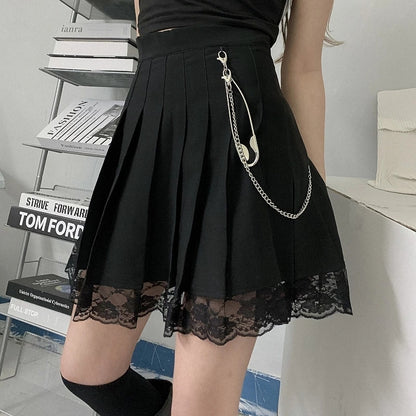 Cute White Black Chain Lace High Waist A-line Pleated Skirt Summer Aesthetic Casual E-Girl Kawaii Korean Japanese Harajuku
