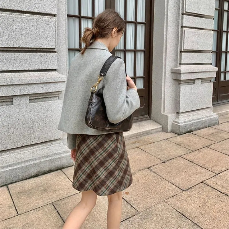 Brown Plaid A-Line Mini Skirt