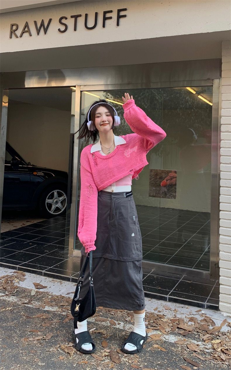 Pink Y2K Oversized Cropped Smock Sweater