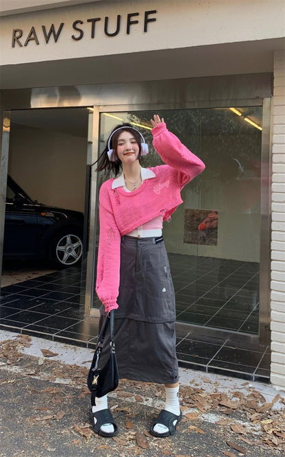 Pink Y2K Oversized Cropped Smock Sweater