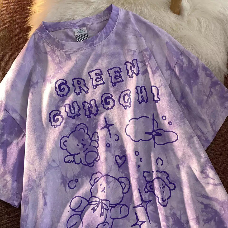 Cute Vintage Retro 90s Tie Dye Aesthetic Bear Short Sleeve Tee Shirt Top Oversize Loose Summer E-Girl Kawaii Korean Japanese Harajuku Streetwear