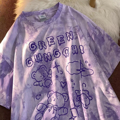 Cute Vintage Retro 90s Tie Dye Aesthetic Bear Short Sleeve Tee Shirt Top Oversize Loose Summer E-Girl Kawaii Korean Japanese Harajuku Streetwear