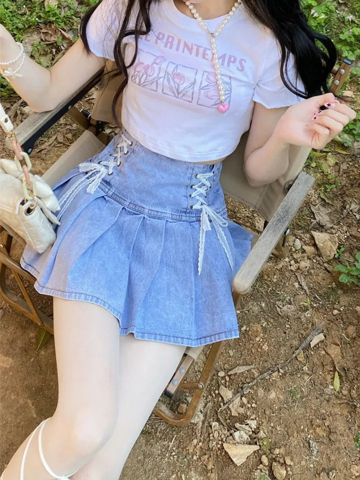 Lace Bandage High Waist Denim Skirt