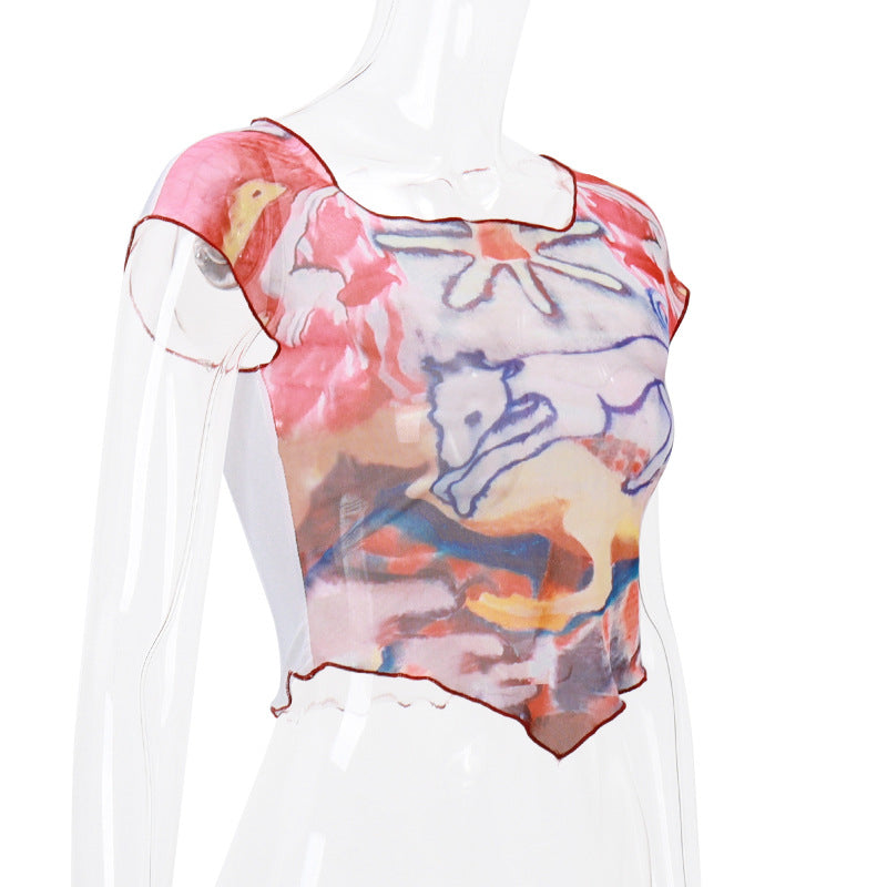 Abstract Print Mesh Sheer Crop Top