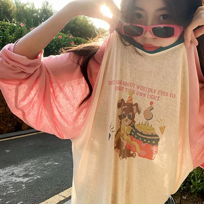 Pink Teddy Bear Patchwork Long Sleeve Shirt