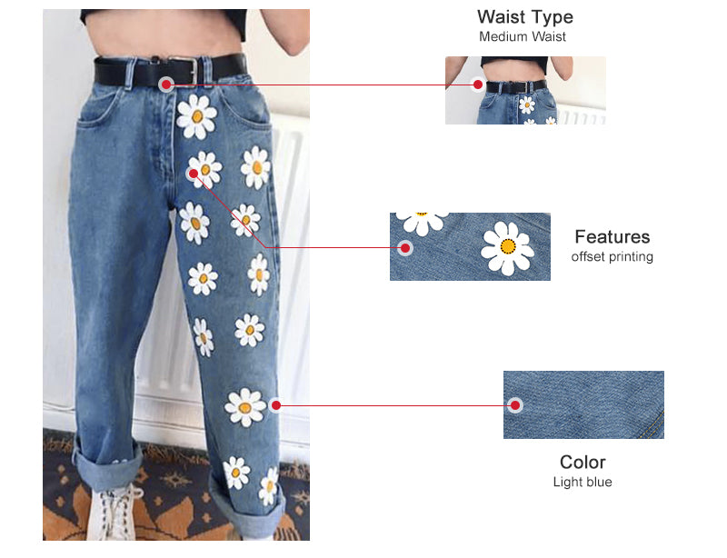 Cute Flower Daisy Denim Chic High Waisted Vintage Jean Pants Trouser E-Girl Kawaii Korean Japanese Harajuku Chinese Retro Streetwear Aesthetic