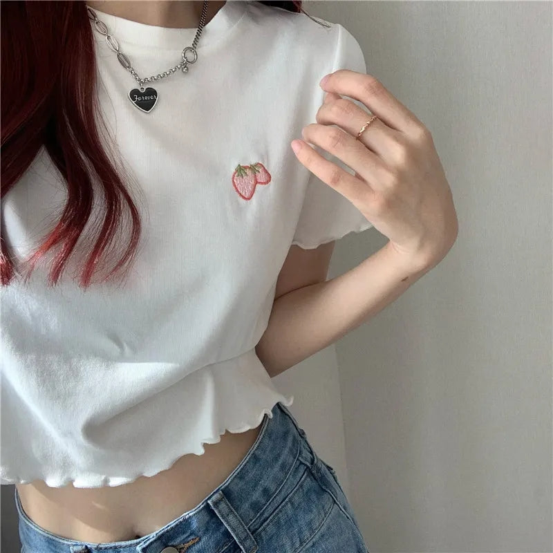 Strawberry Embroidery Ruffle Short Sleeve Shirt