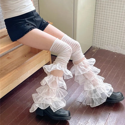 Layered Mesh Ruffle Thigh High Leg Warmers
