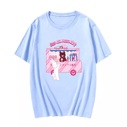 Sweet Bear Ice Cream Shop Print Loose Short Sleeve T-shirt