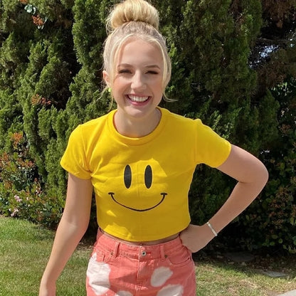 Cute Yellow Happy Smile Face Cartoon Print Short Sleeve Shirt Crop Top Summer Aesthetic Casual E-Girl Kawaii Korean Japanese Harajuku