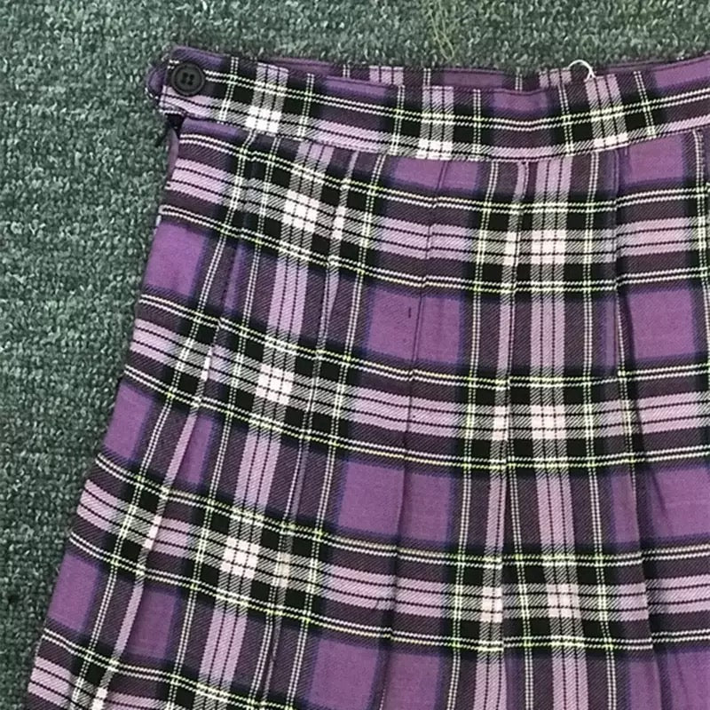 Purple Plaid Spring Summer High Waisted Pleated Skirt School Girl Skater Bottoms E-Girl Kawaii Korean Japanese Harajuku Streetwear