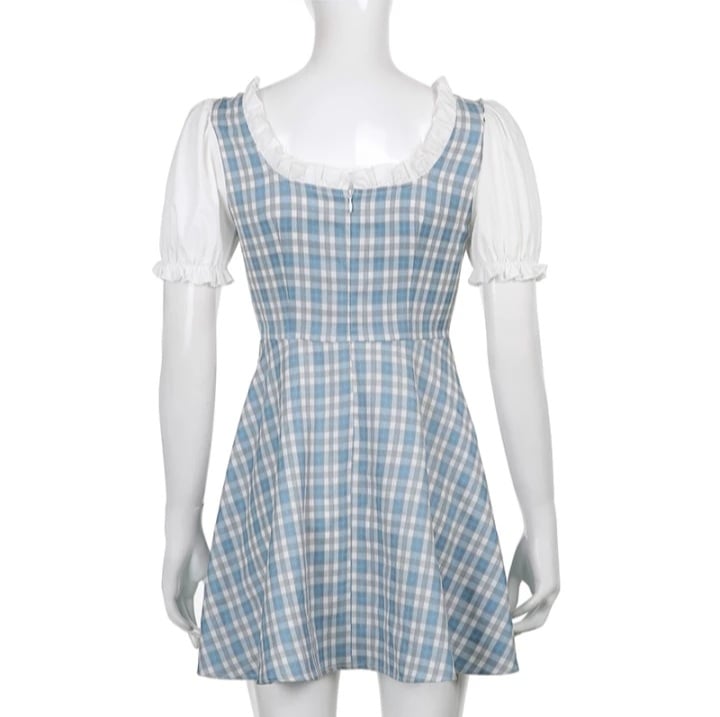Cute Sweet Plaid Patchwork Lace Up Corset Ruffle Mini A-line Dress Summer Aesthetic Casual E-Girl Kawaii Korean Japanese Harajuku