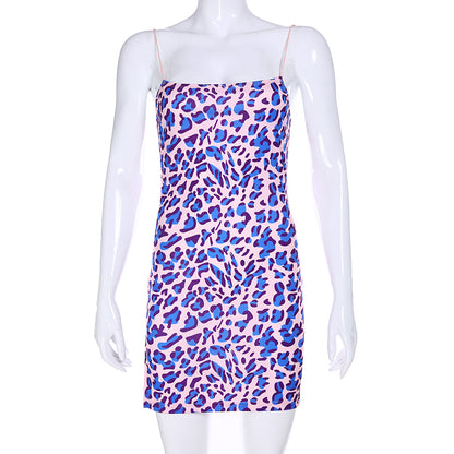 Cute Purple Leopard Spaghetti Strap Backless Mini Dress Party E-Girl Kawaii Korean Japanese Harajuku Chinese Retro Streetwear Aesthetic