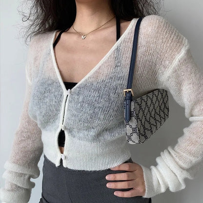 See Through V Neck Cropped Long Sleeve Cardigan