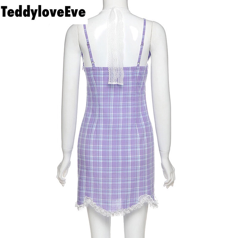 Cute Sexy Plaid Halter V Neck Lace Spaghetti Strap Bodycon Mini Dress Party E-Girl Kawaii Korean Japanese Harajuku Chinese Retro Streetwear Aesthetic