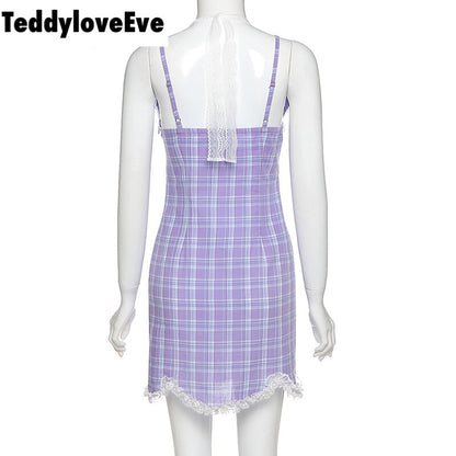 Cute Sexy Plaid Halter V Neck Lace Spaghetti Strap Bodycon Mini Dress Party E-Girl Kawaii Korean Japanese Harajuku Chinese Retro Streetwear Aesthetic