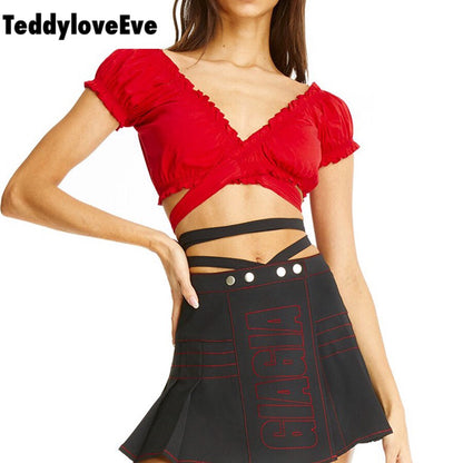 Cute Sexy Solid Color Bandage Cross Tie Up Crop Top Shirt Tee T-shirt E-Girl Kawaii Korean Japanese Harajuku Chinese Retro Streetwear Aesthetic